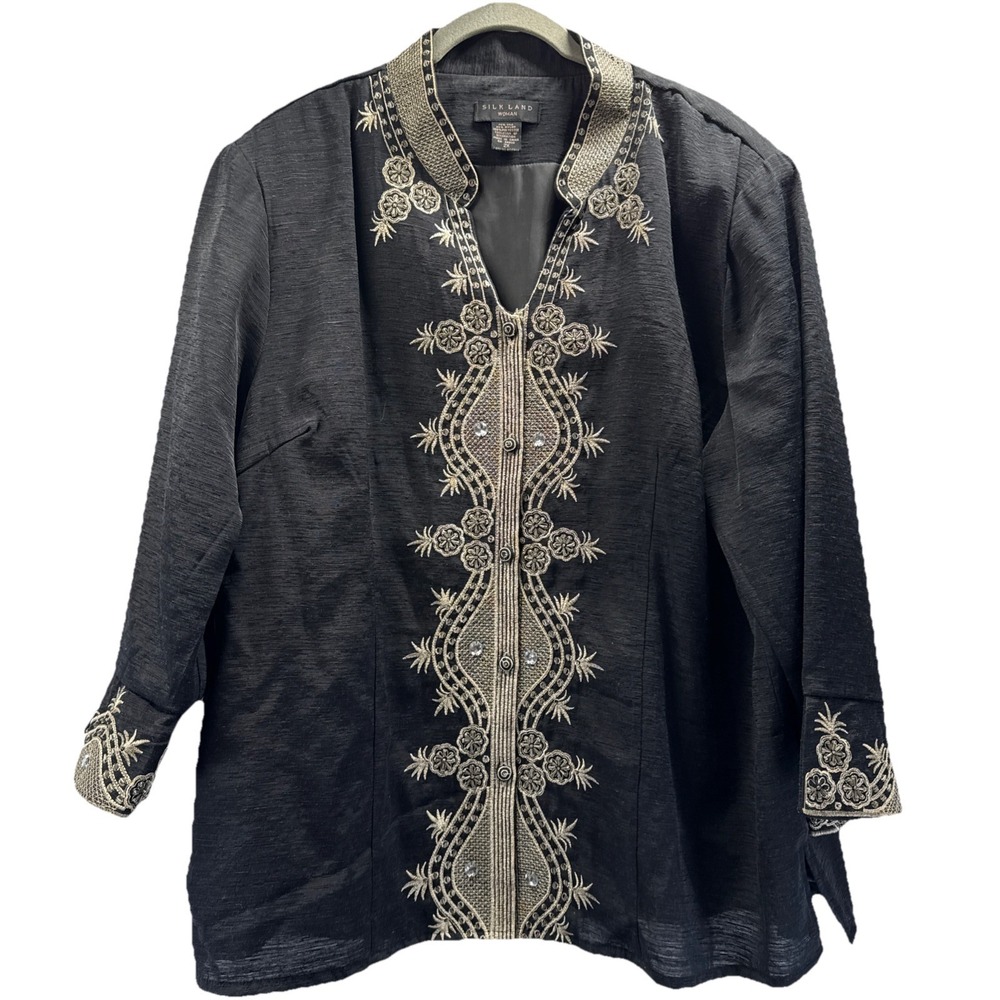 Silk Land Women's Jacket Size 2X Black Gold Beaded Bling Button Up Tunic‎ Lined
